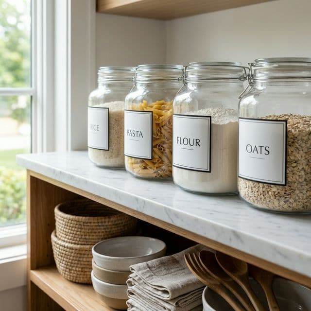 Beautifully organized pantry with labeled containers